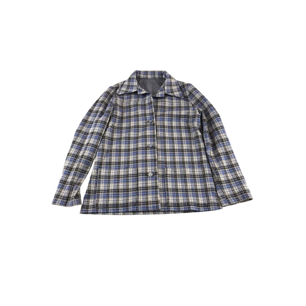 Plaid Disco Jacket Handmade Blue Brown Button Up Knit 1970s Medium Vintage
